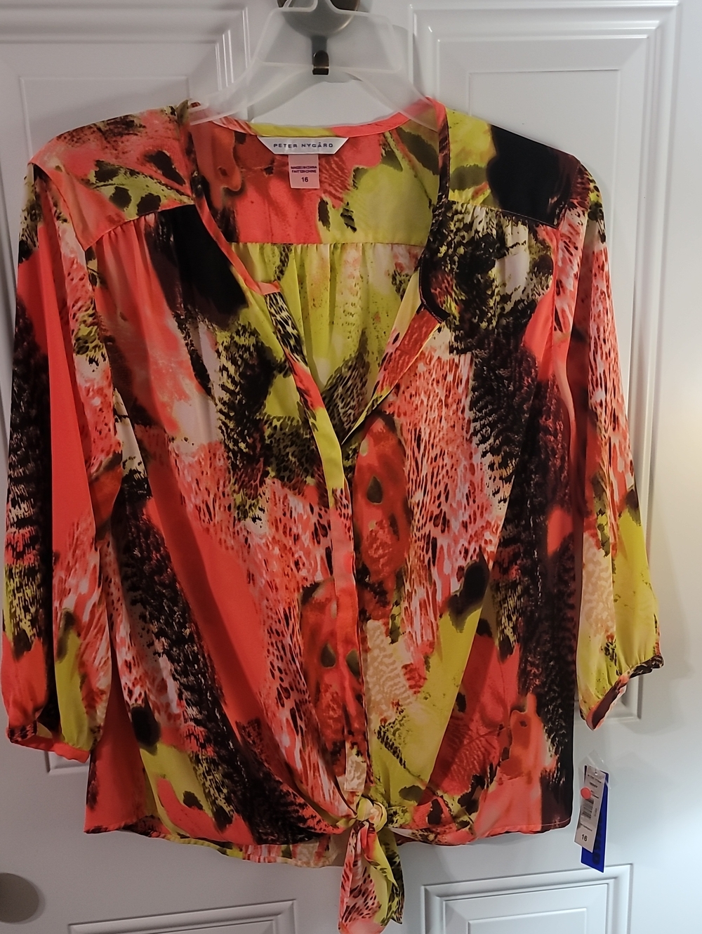 Peter Nygard Neon Coral and Yellow Tie-Hem Blouse